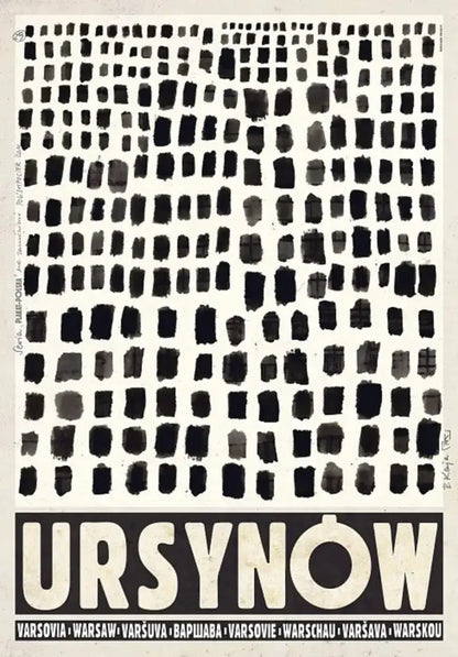 Black and white abstract canvas print with brushstroke grid and bold typography in vintage poland city posters by DecorBites™
