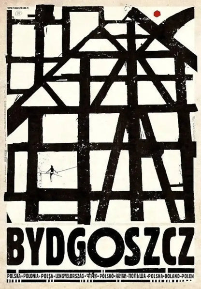 Black and white abstract vintage poland city poster on canvas print featuring bydgoszcz with bold geometric lines