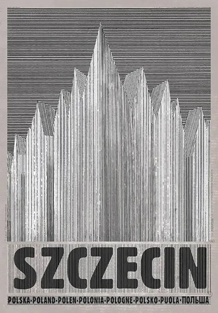 Black and white striped vintage poland city poster canvas print featuring bold szczecin lettering by decorbites
