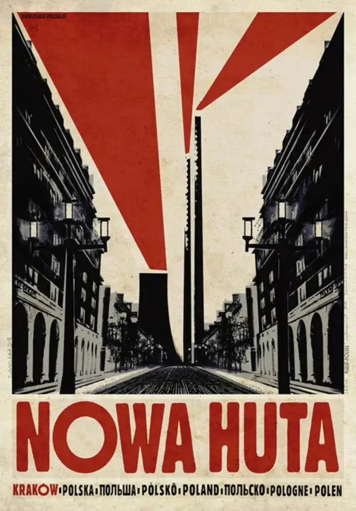 Red and black stylized vintage poland city poster of nowa huta kraków on canvas print by decorbites™