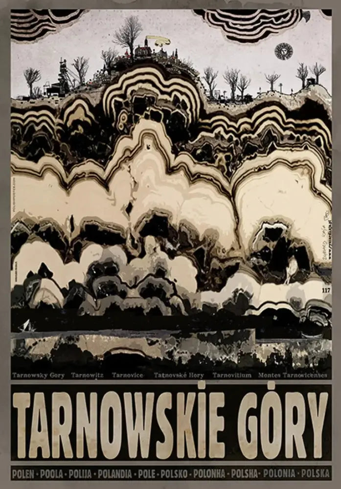 DecorBites™ vintage Poland city posters canvas print featuring bold black cream waves with stylized trees and buildings