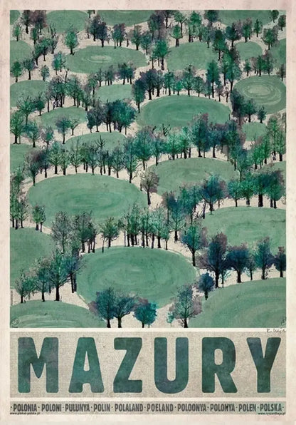 Vintage-style poland city posters canvas print featuring stylized green and blue forest landscape with mazury text