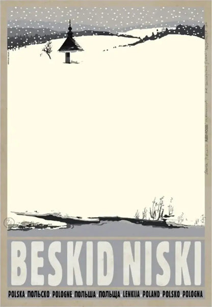 Vintage poland city posters canvas print featuring minimalist black and white snow-covered beskid niski landscape with chapel