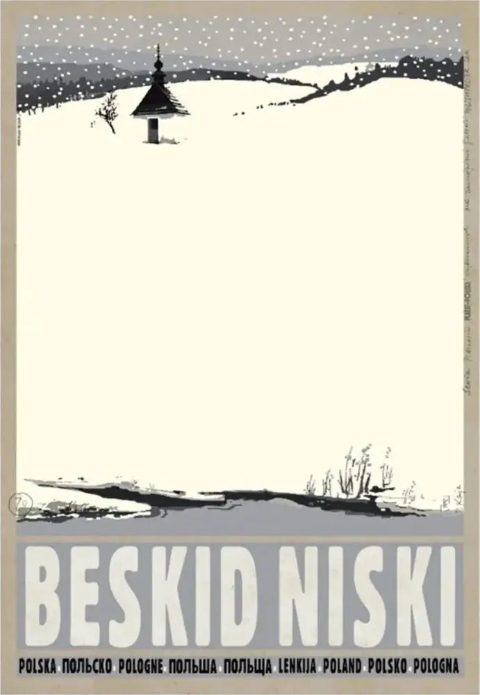 Vintage poland city posters canvas print featuring minimalist black and white snow-covered beskid niski landscape with chapel