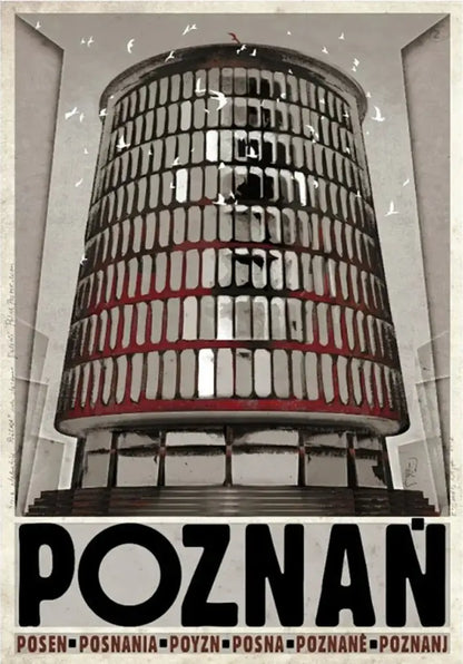 Decorbites vintage poland city posters canvas prints featuring a stylized cylindrical building with red bands and windows