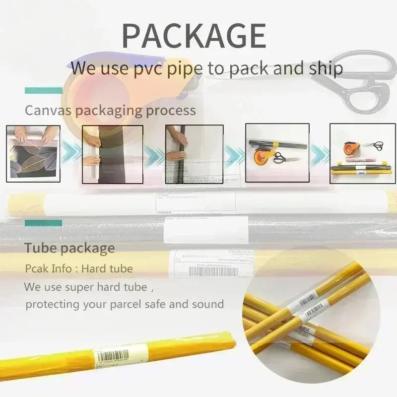 Yellow hard pvc shipping tubes with white labels and barcode protecting vintage poland city posters canvas prints