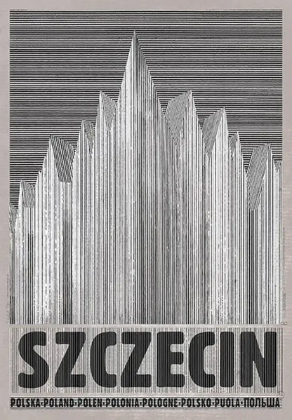 Black and white striped poland city poster featuring bold szczecin text on canvas wall art by DecorBites vintage series
