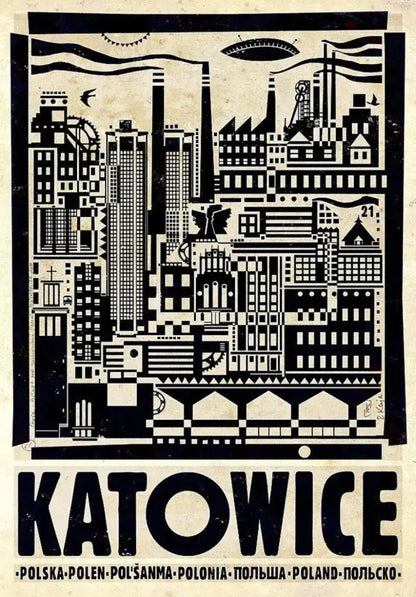 Decorbites vintage poland city posters canvas wall art featuring black and white stylized katowice city posters design