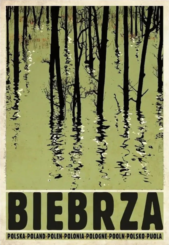 DecorBites™ vintage poland city posters canvas wall art with bold black lettering and stylized tree silhouettes on olive green
