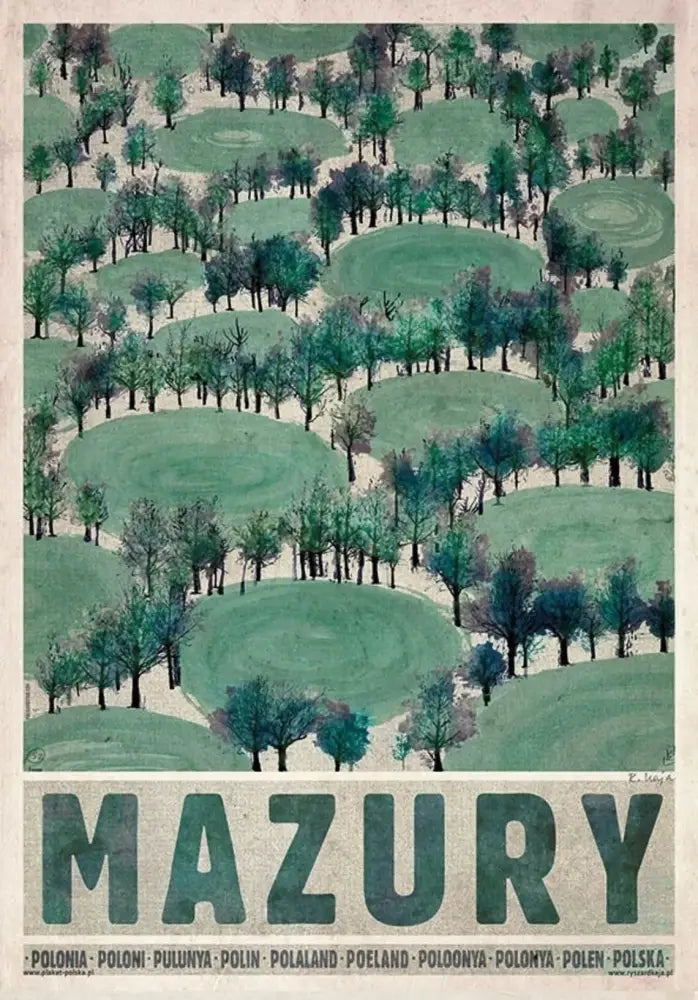 Vintage-style poland city posters canvas wall art featuring a stylized green and blue forest landscape with mazury text