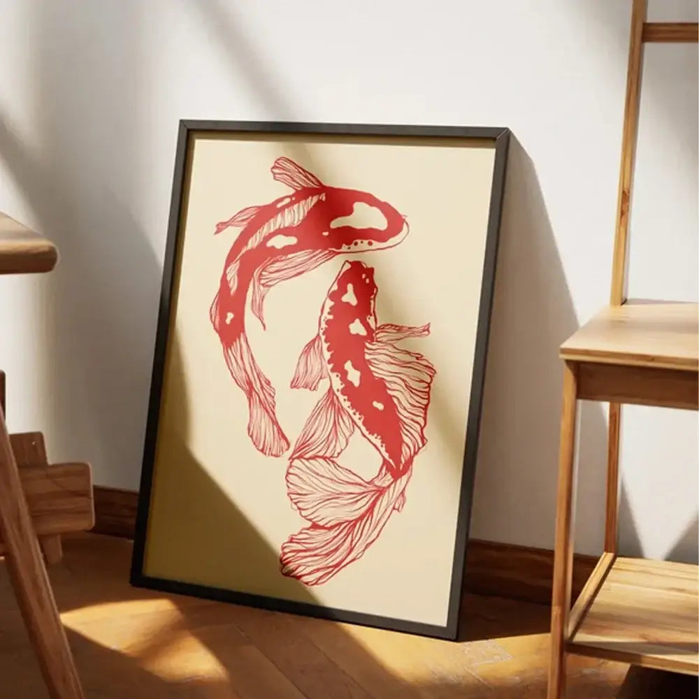 DecorBites™ vintage red koi fish canvas wall art featuring two red koi fish in a stylized cut-out design on cream background