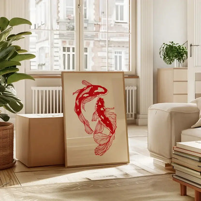 DecorBites™ vintage red koi fish canvas wall art featuring two minimalist red koi fish in a wooden frame on cream background