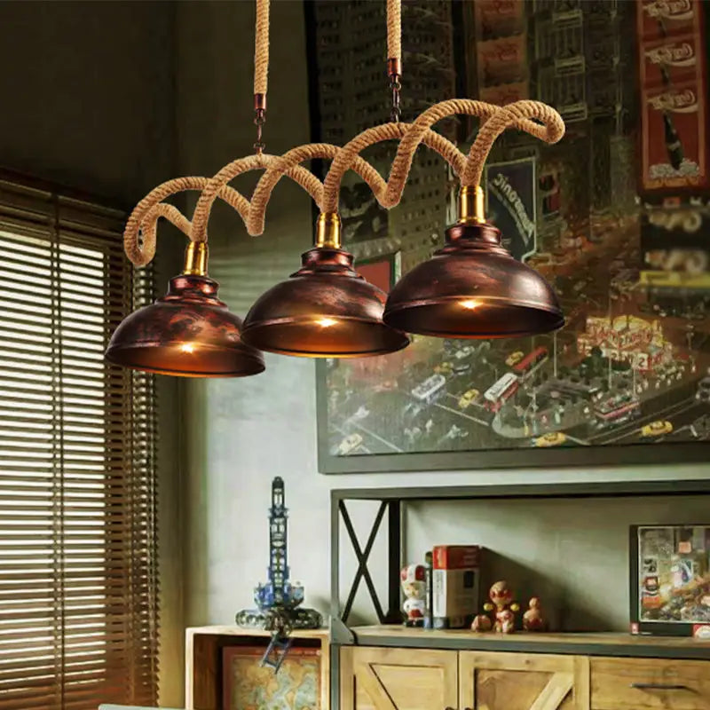 Decorbites vintage rust finish dome island light pendant with 3 copper lights braided rope cords and brass accents