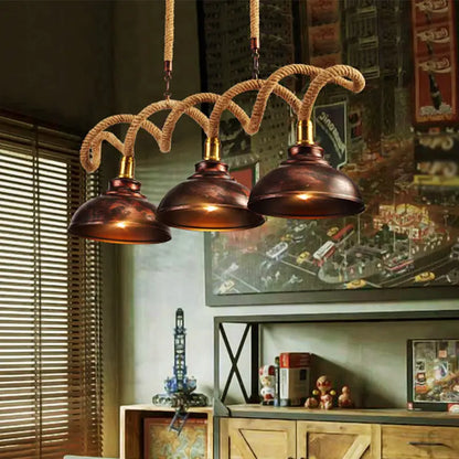 Decorbites vintage rust finish dome island light pendant with 3 copper lights braided rope cords and brass accents