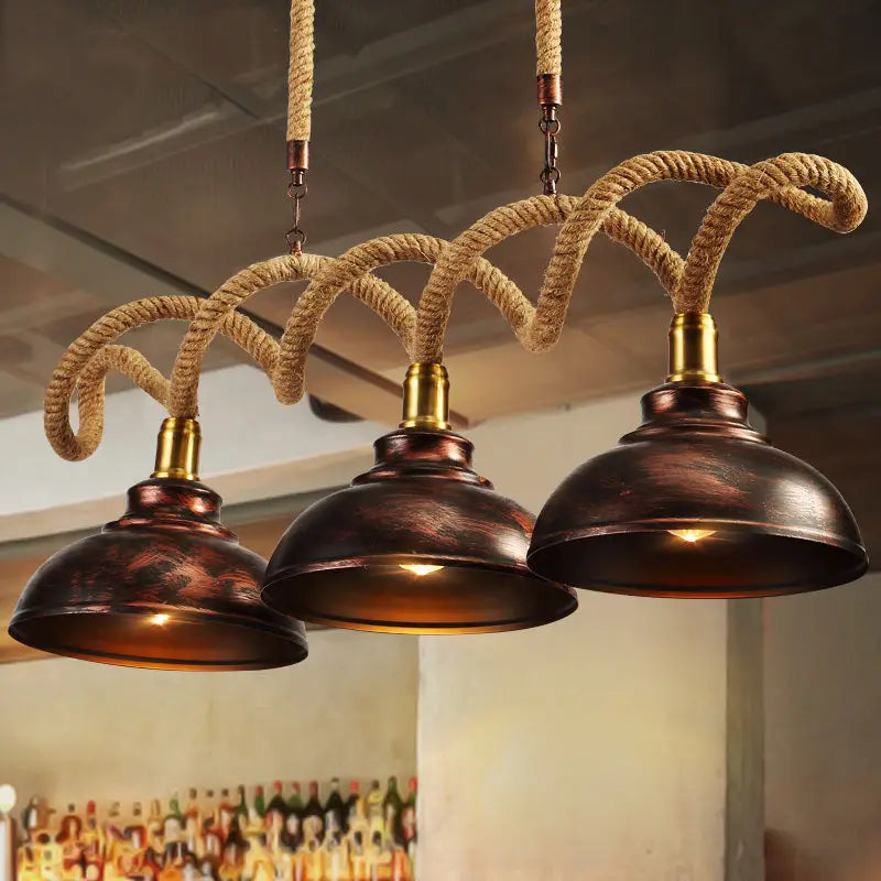 Decorbites vintage rust finish dome island light pendant featuring three copper metal shades with rope cords