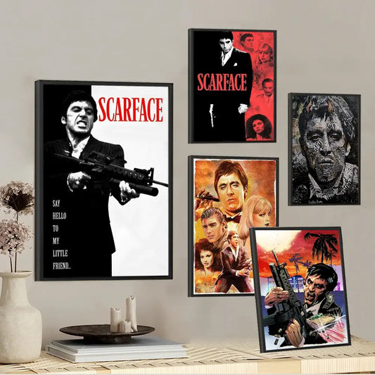 Black and white framed vintage scarface movie poster featuring character with assault rifle and bold red text for room decor