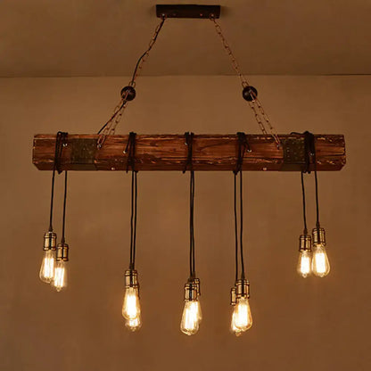 Rustic wooden beam pendant light with multiple exposed filament bulbs hanging from chains with adjustable chain cord length vintage style metallic finish for restaurant island lighting