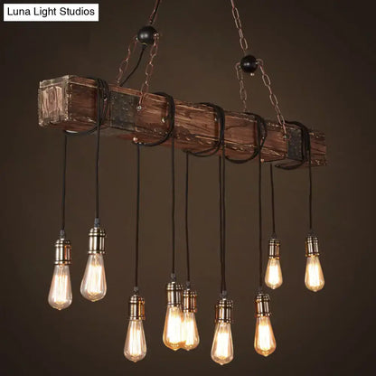 Industrial-style pendant light with vintage style edison bulbs black metal chain cord length and rustic wooden beam