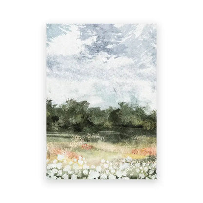 Decorbites vintage summer landscape art print featuring a watercolor field of white and pink flowers under soft gray sky