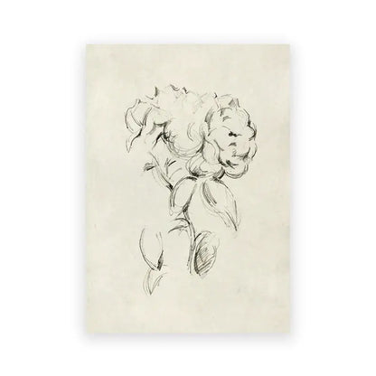 Decorbites™ vintage summer landscape canvas print with delicate black ink sketch of blooming peony on aged cream paper