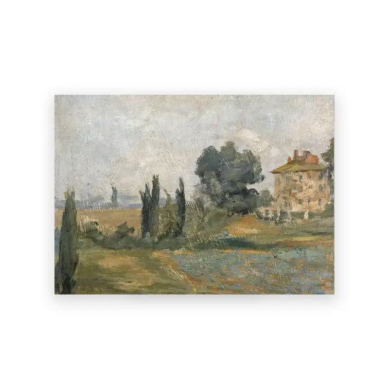 Decorbites™ vintage summer landscape canvas print featuring a rustic stone house and cypress trees under an overcast sky