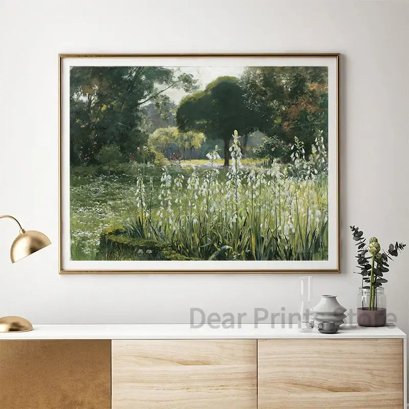 Decorbites vintage summer landscape oil painting print featuring lush green trees and white flowers in a gold frame for gallery wall