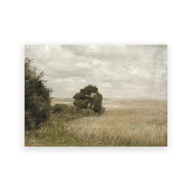 DecorBites™ vintage summer landscape oil painting print of muted golden field with solitary tree for gallery wall