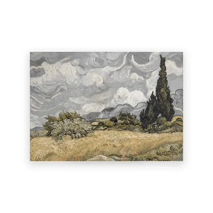 DecorBites™ vintage summer landscape oil painting print with soft green tones featuring Van Gogh style textured wheatfield