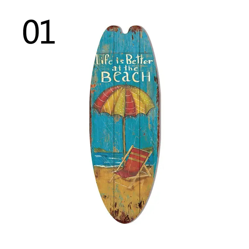 Decorbites vintage surfboard door sign in blue and yellow wood with life is better at the beach design for door sign use