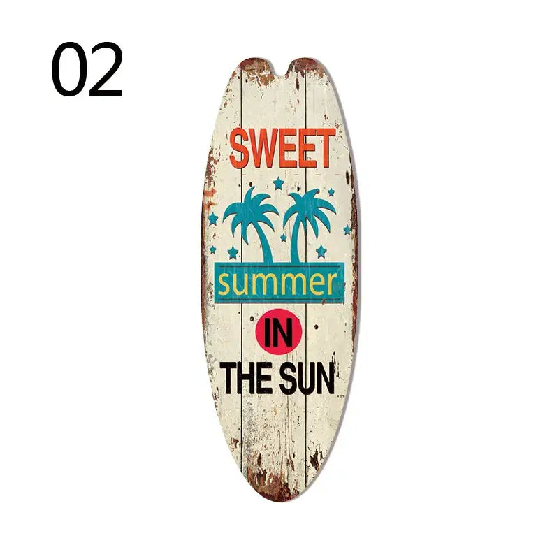 Weathered white wooden vintage surfboard door sign with teal palm trees and colorful summer text for beach home decor