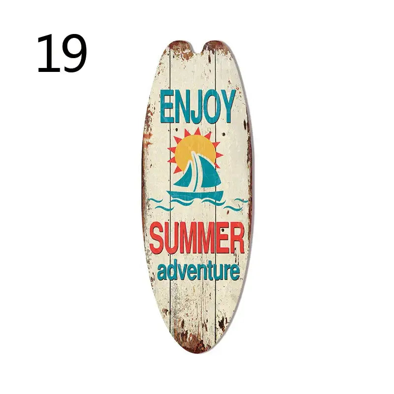 Weathered white wooden vintage surfboard door sign with teal enjoy text sun and sailboat decorbite™ for beach home