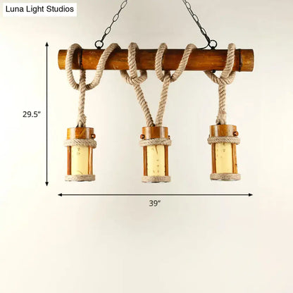 DecorBites vintage wood cylindrical pendant lamp set with bamboo lanterns and natural rope cord for 220v-240v lighting