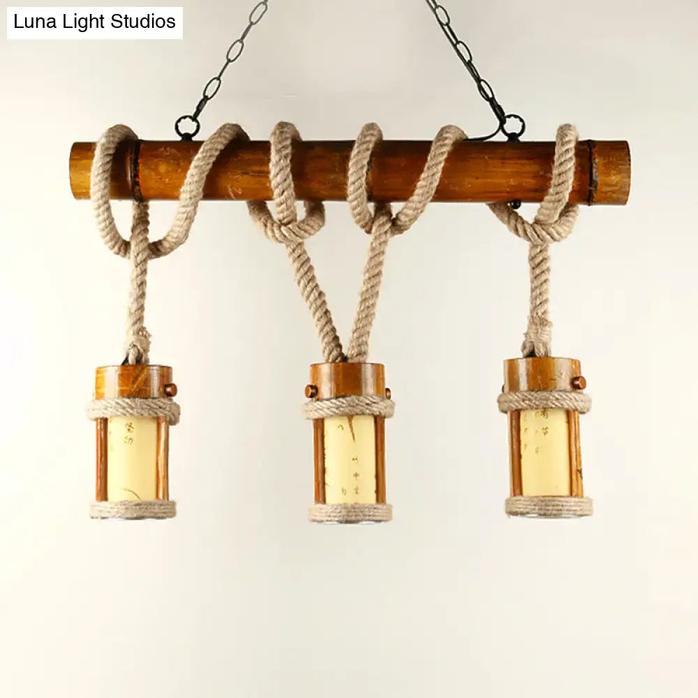 DecorBites vintage wood cylindrical pendant lamp with bamboo rod and beige rope cord for 110v-120v or 220v-240v use
