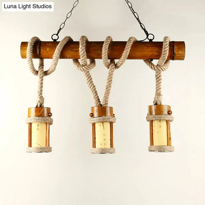 DecorBites vintage wood cylindrical pendant lamp with bamboo rod and beige rope cord for 110v-120v or 220v-240v use