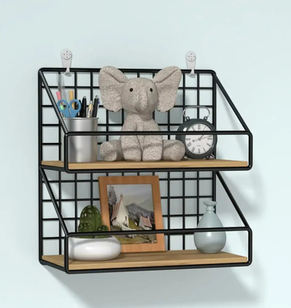 Black metal grid wall mounted shelves with two wooden shelves by DecorBites™ for stylish wall mounted storage