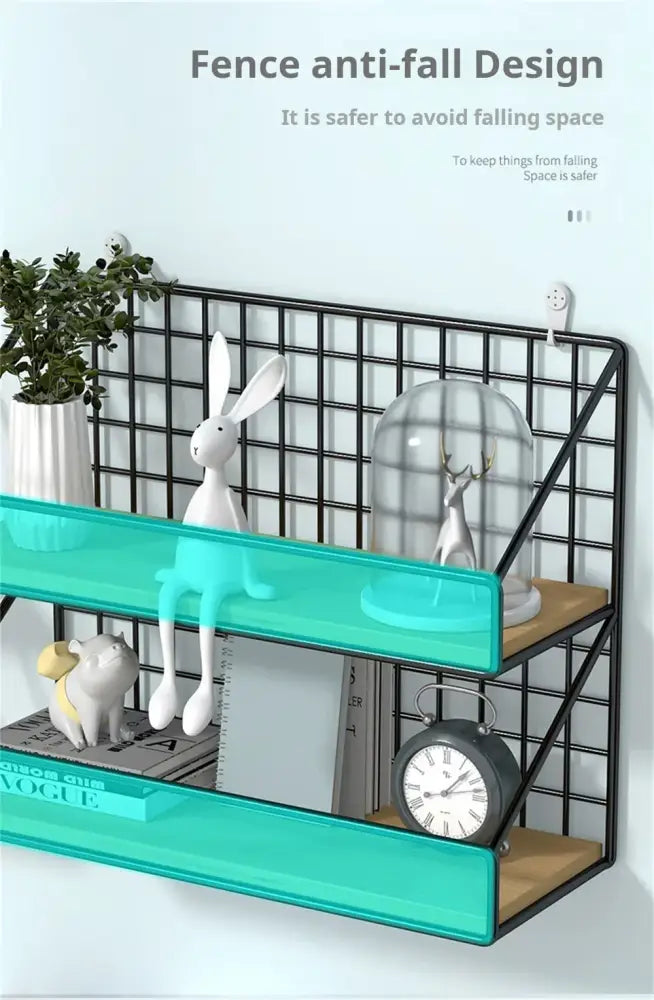 Black metal grid wall mounted shelves with teal glass and wooden accents from decorbites™ for stylish storage