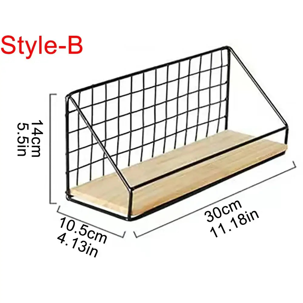 Decorbites™ wall mounted storage shelves style-b black metal wire grid with light wood plank base mounted shelves