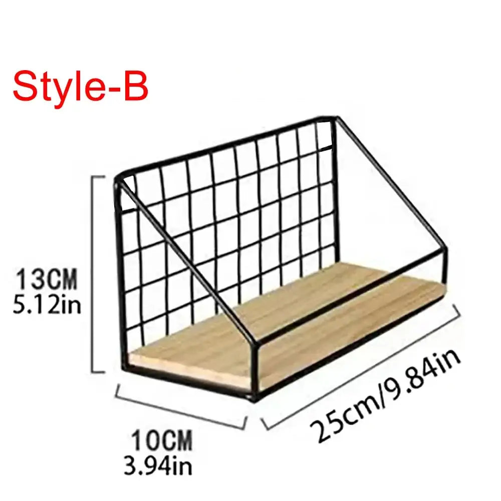 Decorbites™ style-b black metal wire grid wall mounted shelves with light wood plank base for storage and display