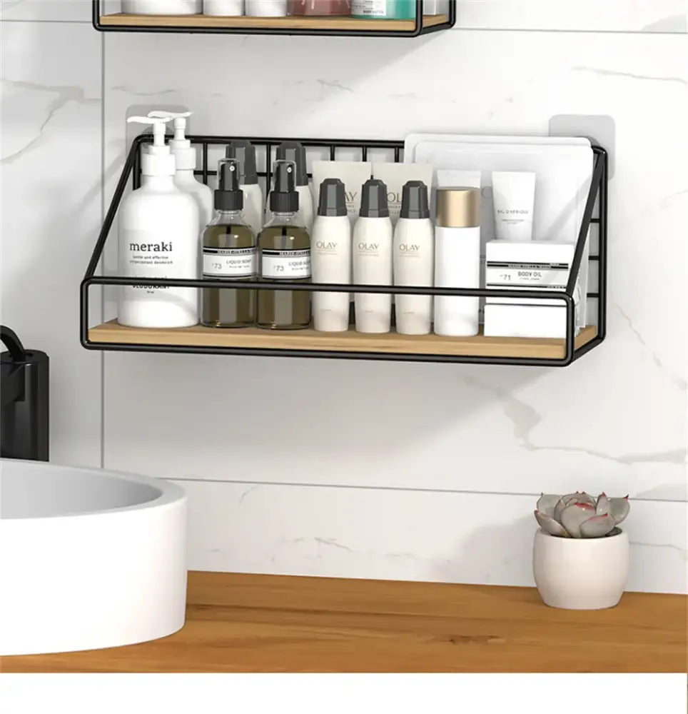 Black metal and wood decorbites™ wall mounted shelves holding skincare products for organized bathroom storage
