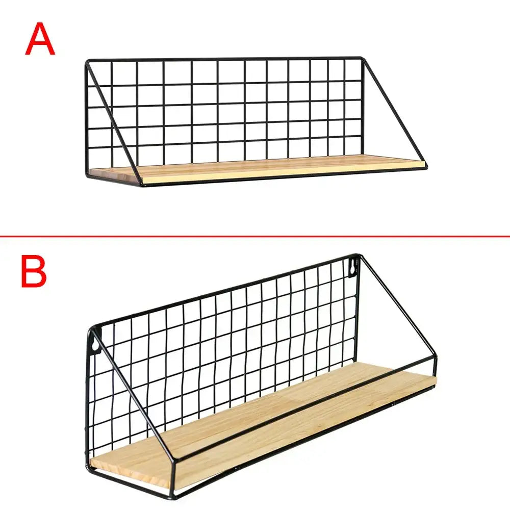 DecorBites™ wall mounted storage shelves featuring black wire grid and light wood plank base for mounted shelves