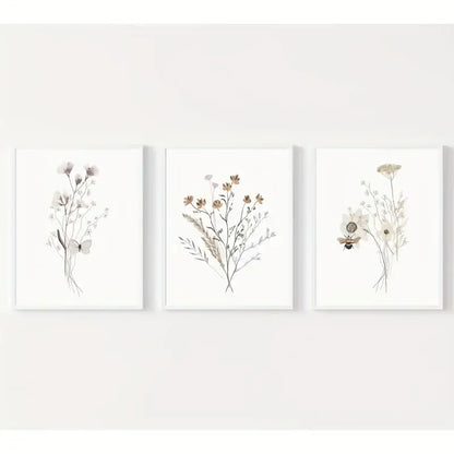 Set of three decorbites™ watercolor flower posters featuring delicate floral and insect designs in white frames