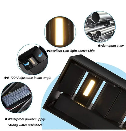 Black rectangular led wall light with warm white output made of aluminum alloy for indoor and outdoor use