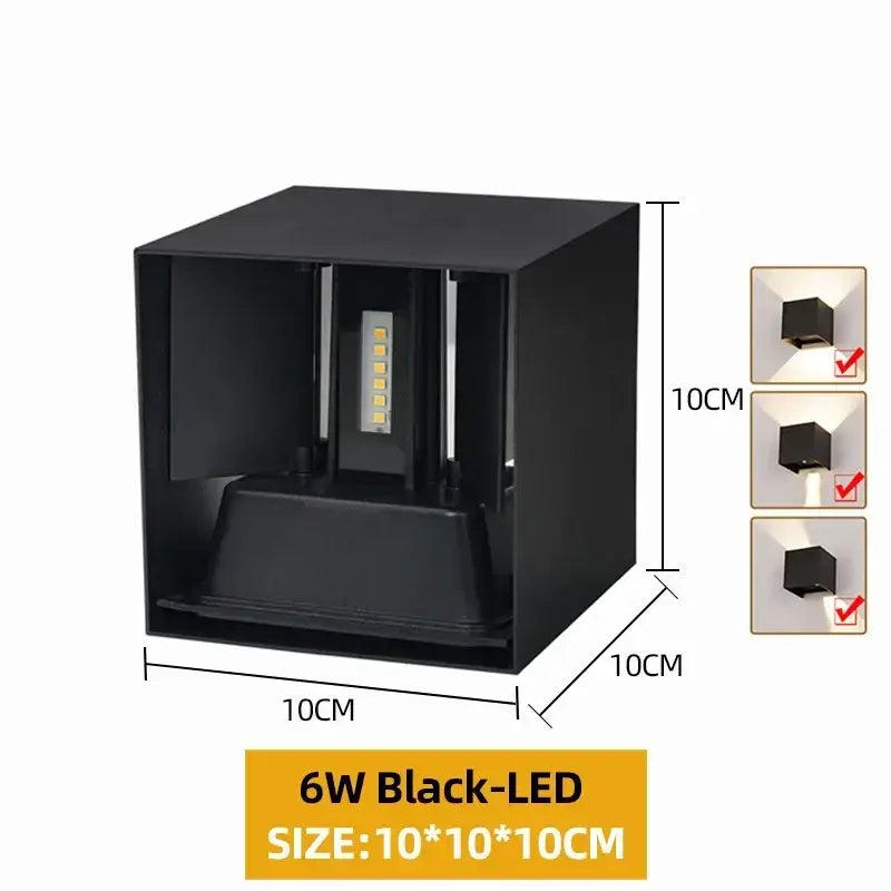 Black 6w led cube wall light made of aluminum for indoor and outdoor use by DecorBites waterproof led wall lamp
