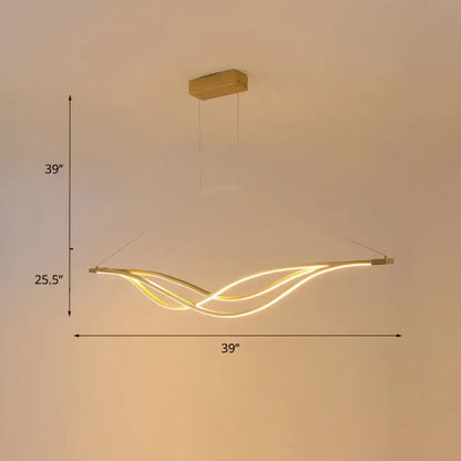 Modern gold-finished decorbites wave-shaped metal led island light fixture with flowing illuminated strips for dining room