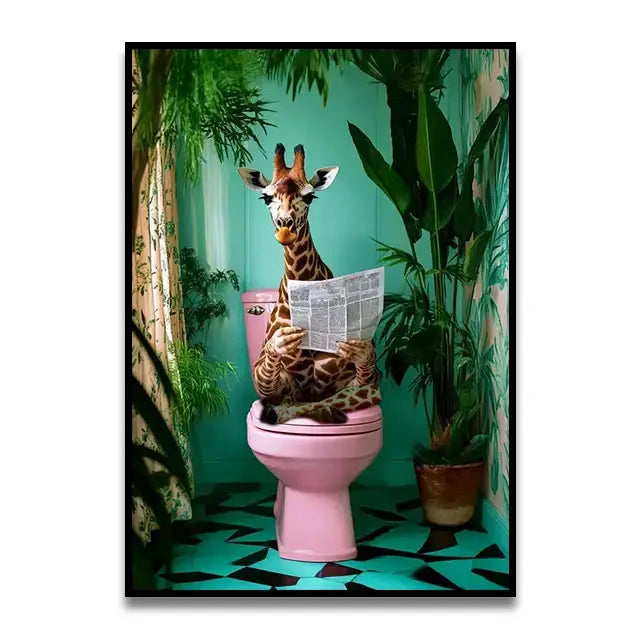 DecorBites™ whimsical cat bathroom wall art print of a giraffe on a pink toilet in a teal room with green plants