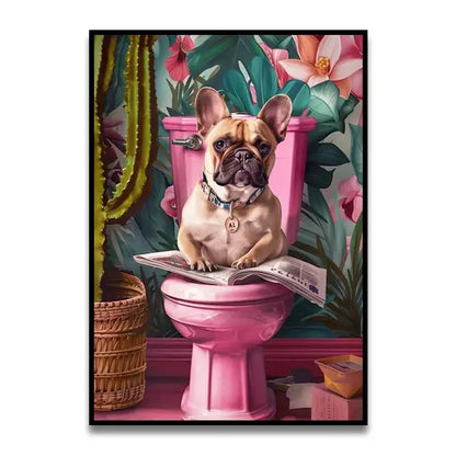 A whimsical wall art print featuring a tan and black french bulldog sitting on a pink toilet for DecorBites™