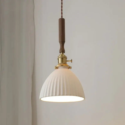 Vintage cream ribbed white ceramic led pendant light with vertical ridges brass fixture and wooden handle for kitchen use