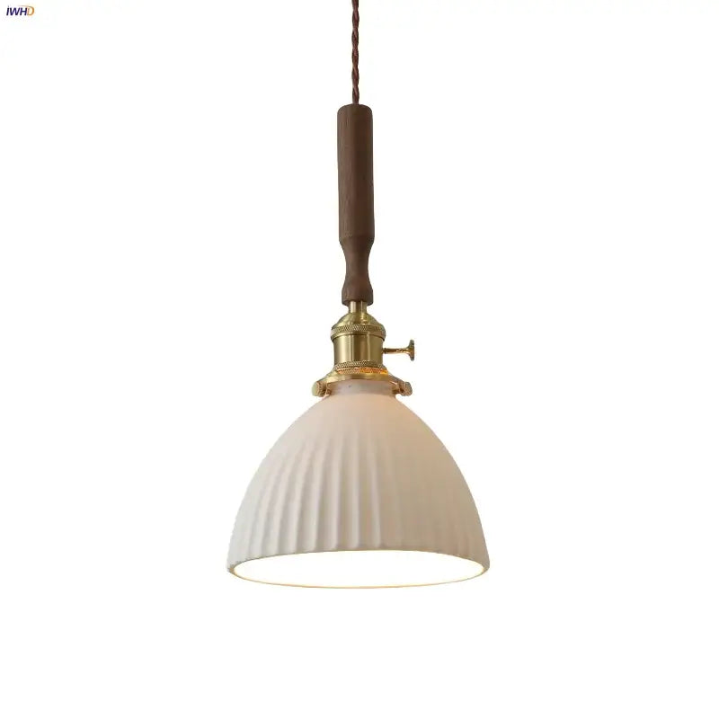 Vintage-style pendant light with cream ribbed white ceramic led shade and dark wood handle accent for kitchen use