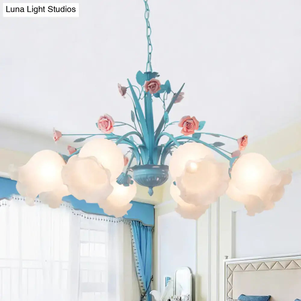 DecorBites™ white glass chandelier light with turquoise metal frame pink roses frosted glass shades 220v-240v 110v-120v