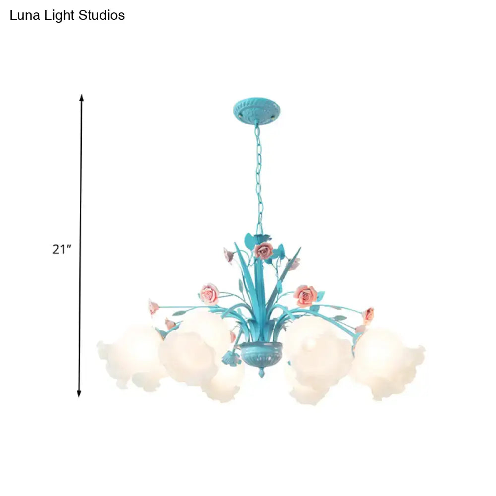 DecorBites white glass chandelier light featuring turquoise with pink rose accents and cloud-like shades for 220v-240v use